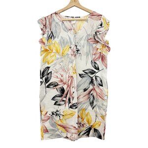 C&C California Linen Shift Dress Ivory Flowers Tropical Boho Beach Vacation‎ M